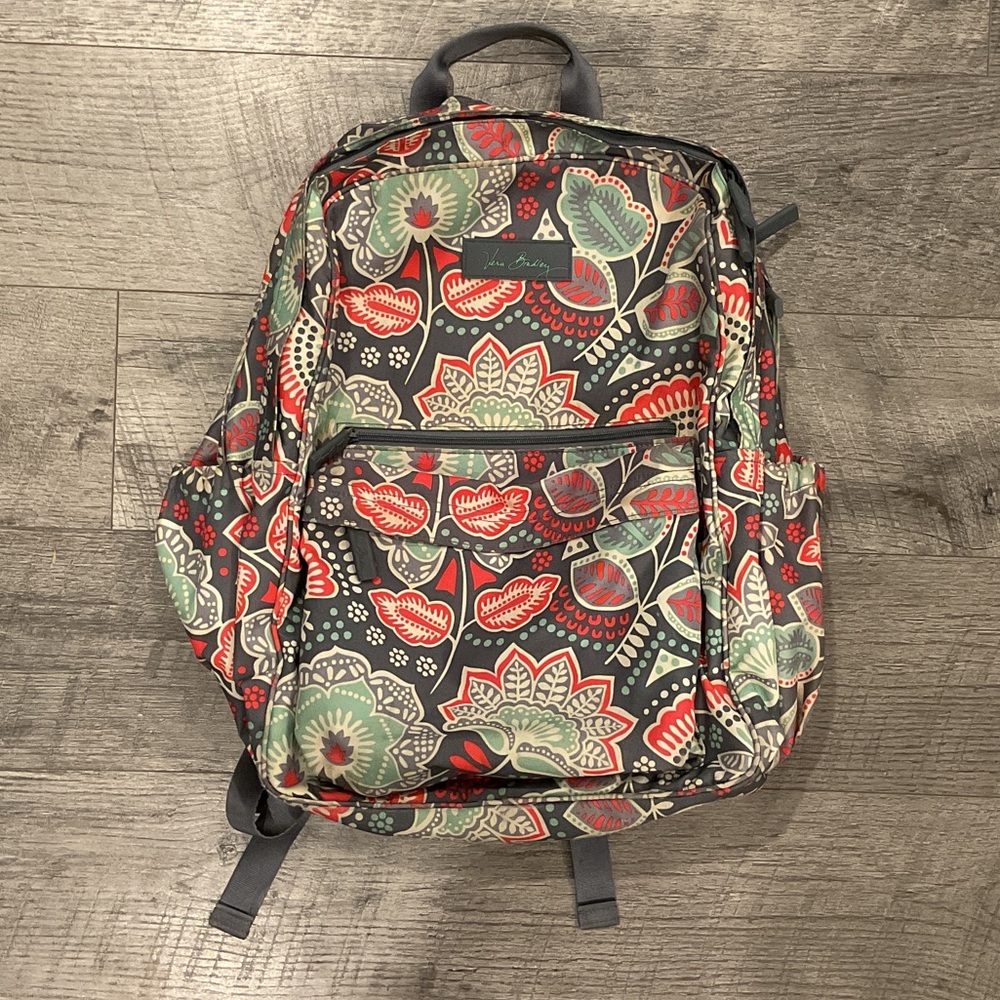 Vera Bradley Gray Backpack with Red and Sage Floral Print